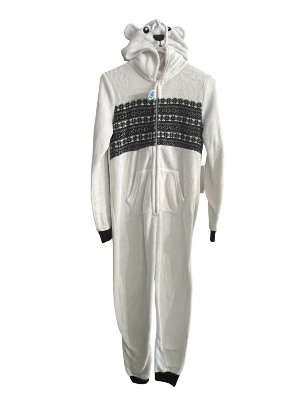 White/Black Polar Bear Fair Isle Fleece Hooded Pom Tail One Piece Pajama Women M